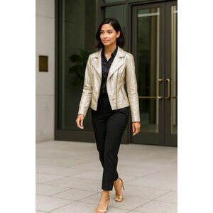 Marc New York Gold Faux Leather Short Jacket Full Zip Stylish & Chic Size Medium